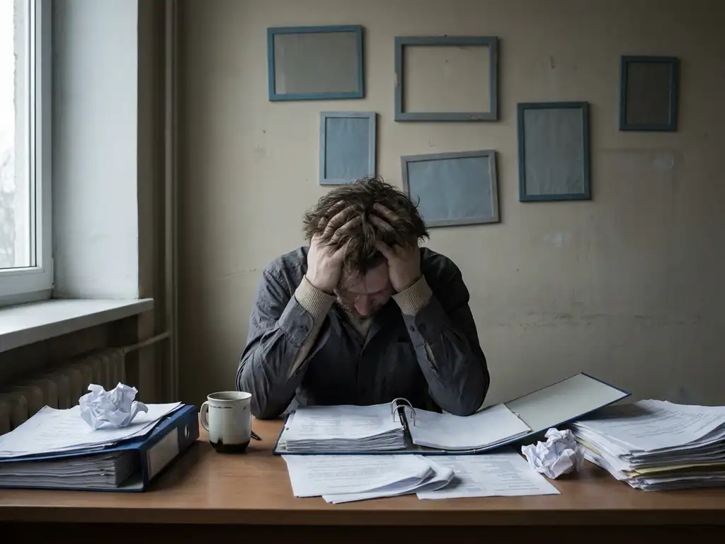 Uitgeputte kantoormedewerker met hoofd in handen aan rommelig bureau, omringd door papieren en koude koffie