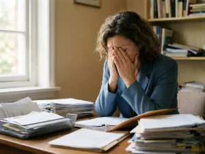Gestresste vrouw houdt hoofd in handen aan rommelig kantoorbureau met verspreide papieren en volle inbox