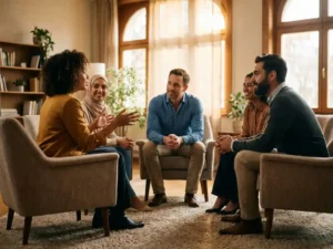 Diverse professionals in een cirkel tijdens workshop, één persoon deelt idee terwijl anderen geëngageerd luisteren in natuurlijk licht