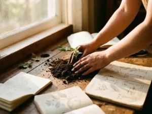 Handen planten kleine groene zaailing in donkere aarde, omringd door schetsboekpagina's op houten bureau bij raam