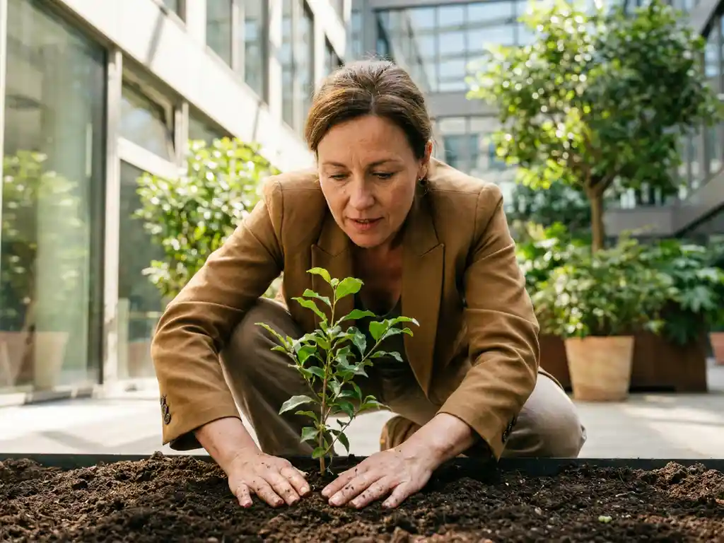 Professionele vrouw plant jonge boom in donkere aarde in moderne kantoorcourtyard met natuurlijk zonlicht