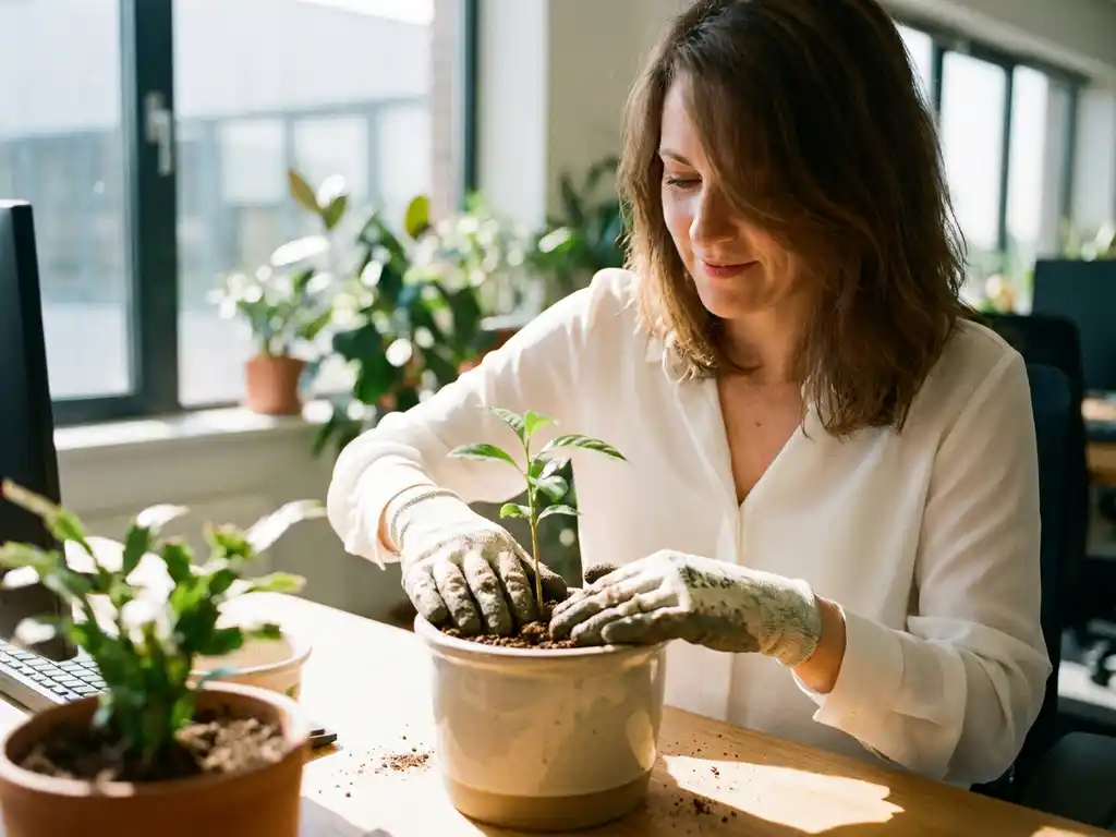 Professionele vrouw plant jonge groene zaailing in donkere aarde aan houten bureau in licht kantoor