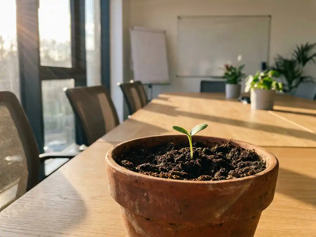 Groen zaailing doorbreekt donkere aarde in terracotta pot op houten bureau, zonlicht door raam in moderne trainingsruimte
