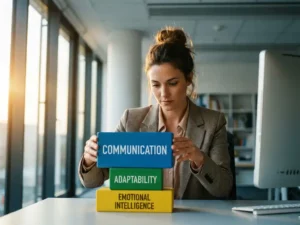 Professionele vrouw rangschikt kleurrijke houten blokken met soft skills concepten in modern kantoor met natuurlijk licht