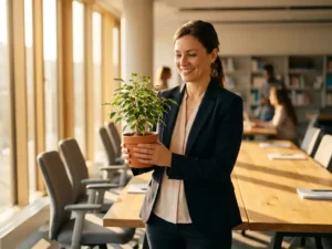 Professionele vrouw in zakelijke kleding houdt kleine groene plant vast in moderne trainingszaal met natuurlijk licht