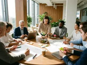 Diverse professionals brainstormen rond moderne vergadertafel, schetsen concepten op papier terwijl iemand groen plantje verzorgt