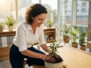 Professionele vrouw plant groene zaailing in donkere aarde op modern kantoor met natuurlijk licht