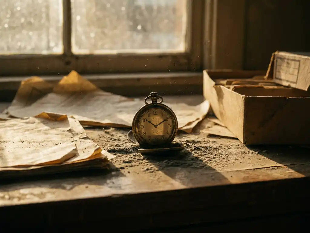 Vintage messing zakhorloge half begraven onder stof op oud houten bureau met vergeelde papieren in warm zonlicht