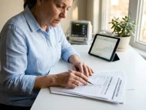 Kleine ondernemer bestudeert overheidssubsidiedocumenten aan bureau in moderne zorgfaciliteit met medische apparatuur op achtergrond