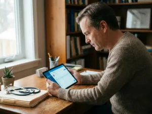 Huisarts bekijkt patiëntenzorgsoftware op tablet aan houten bureau met stethoscoop en dossiers