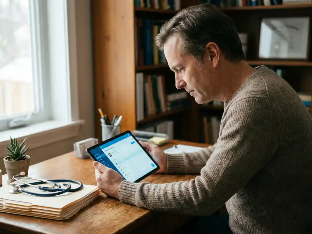 Huisarts bekijkt patiëntenzorgsoftware op tablet aan houten bureau met stethoscoop en dossiers