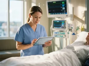 Zorgverlener gebruikt tablet om patiëntgegevens te monitoren naast ziekenhuisbed met moderne medische apparatuur op achtergrond