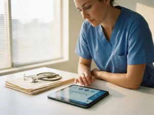 Zorgverlener bekijkt patiëntgegevens op tablet naast stethoscoop en papieren dossiers op klinisch bureau