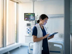 Zorgverlener gebruikt tablet voor patiëntmonitoring naast ziekenhuisbed in moderne medische omgeving