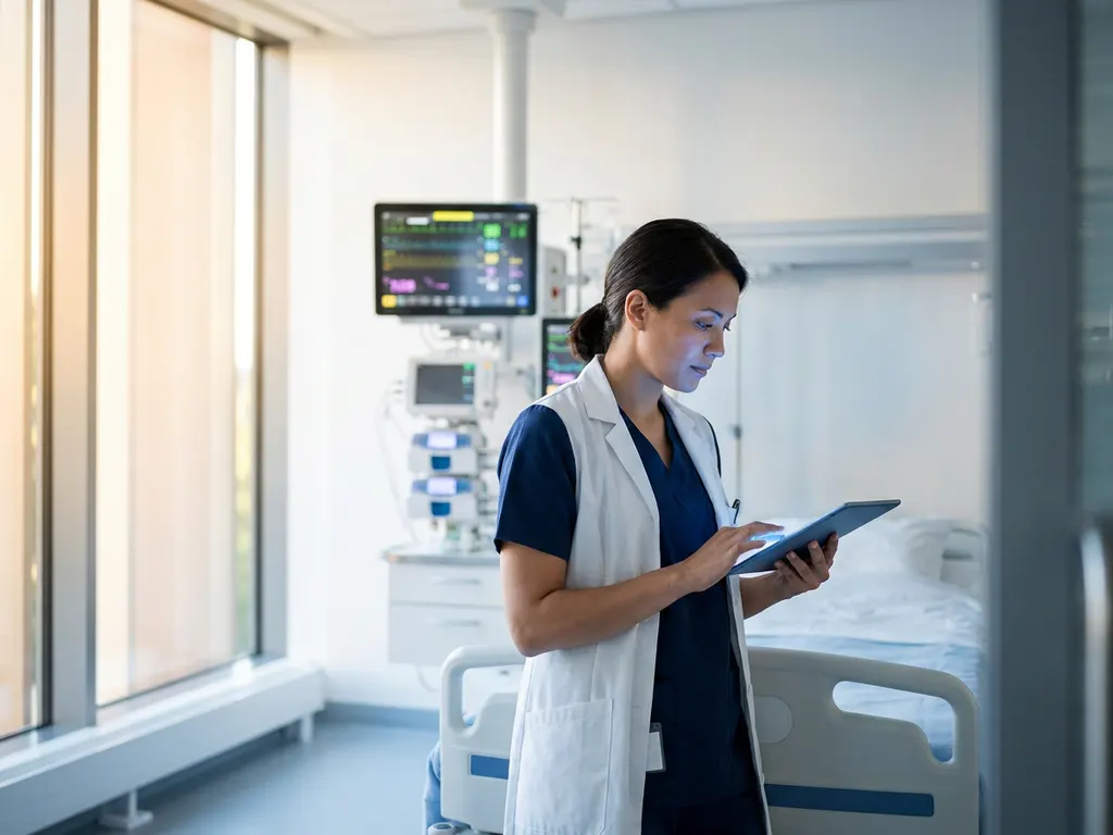 Zorgverlener gebruikt tablet voor patiëntmonitoring naast ziekenhuisbed in moderne medische omgeving