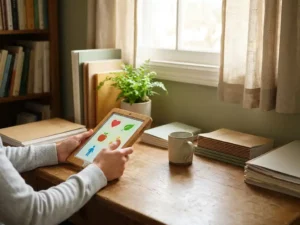 Zorgverlener past tablet aan met wellness-iconen op houten bureau in gezellig kantoor met natuurlijk licht