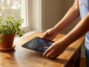 Zorgprofessional plaatst tablet met wellness-gegevens op houten bureau naast groene plant in natuurlijk licht