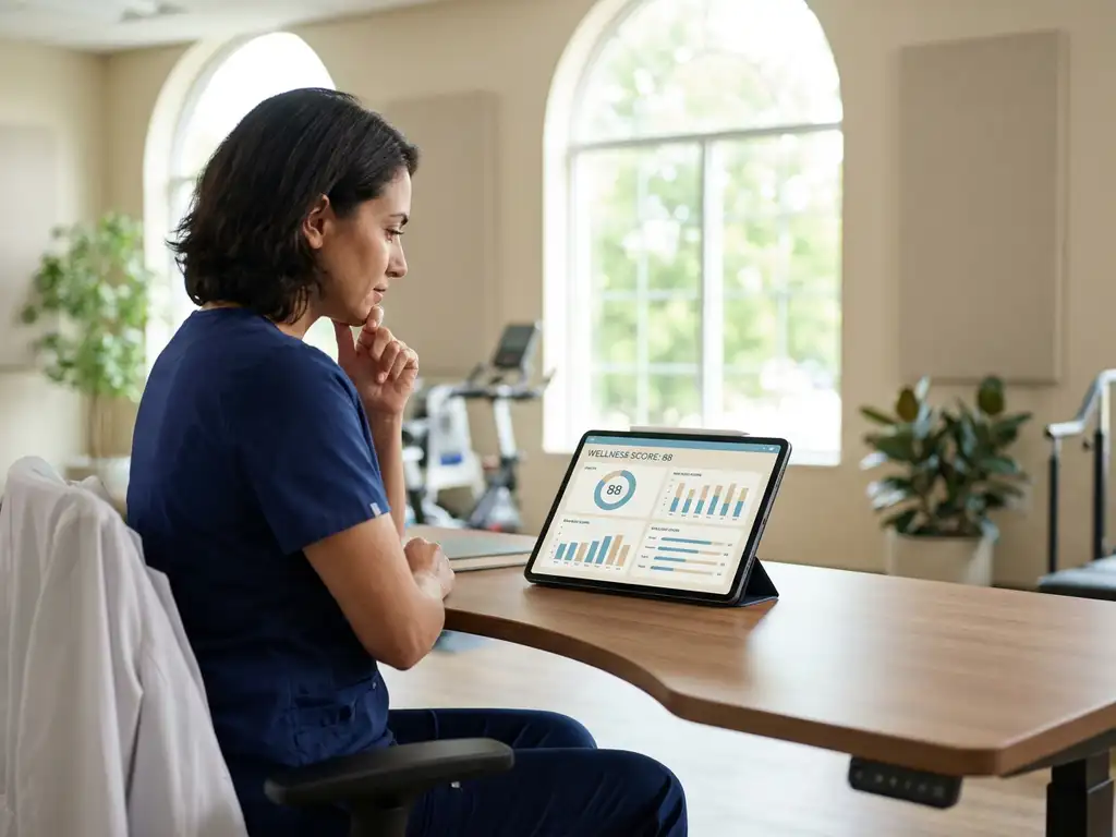 Zorgprofessional in scrubs bekijkt welzijnsgegevens op digitale tablet aan ergonomisch bureau in moderne trainingsruimte