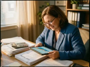 Zorgfaciliteitsdirecteur bekijkt financiële grafieken op tablet aan bureau met subsidieaanvragen en rekenmachine