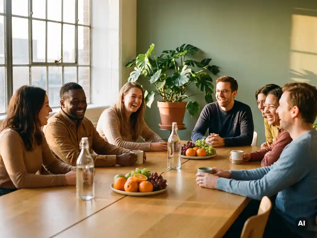 Diverse collega's lachen samen aan een zonnige kantoortafel met vers fruit en waterflessen, warme gouden-uurverlichting.