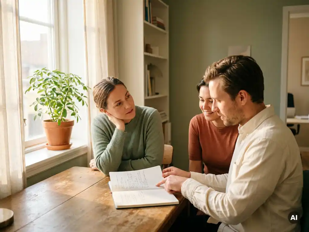 Drie collega's overleggen aan een houten tafel in een zonnig kantoor, met een notitieboek en groene plant op de achtergrond.
