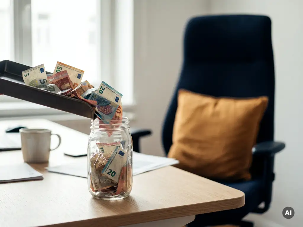 Euro bankbiljetten die in een lege glazen pot op een bureautafel vallen, met een onscherpe ergonomische stoel op de achtergrond.