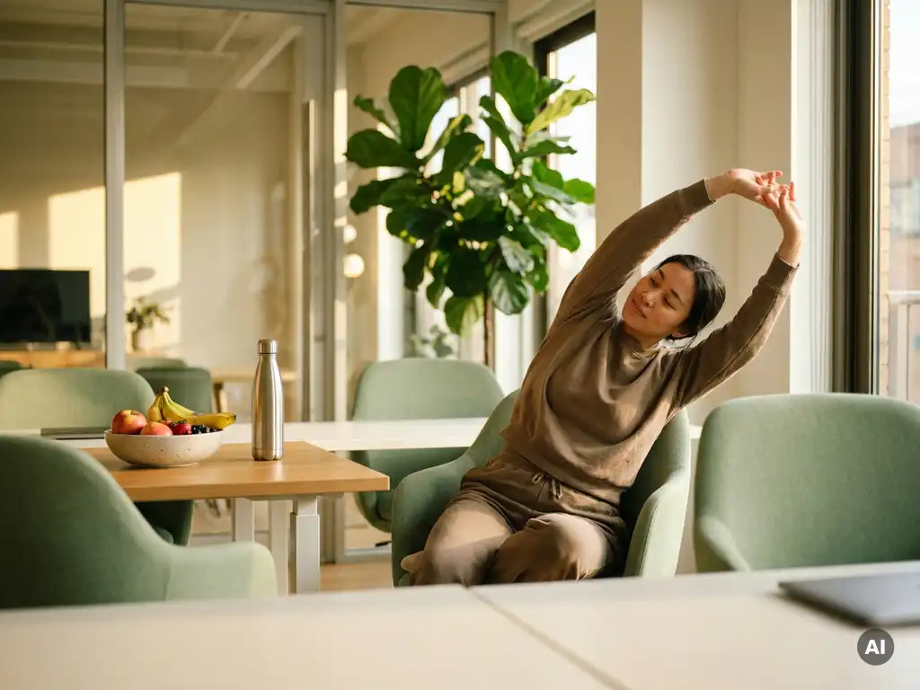 Werknemer doet een mindful rekoefening aan een modern bureau met fruitschaal, herbruikbare waterfles en groene plant in zonlicht.