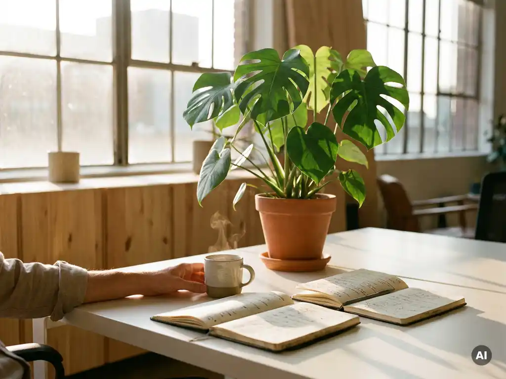 Weelderige kantoorplant op een zonnig bureau met open notitieboeken, dampende koffie en een rustende hand in warm natuurlijk licht.