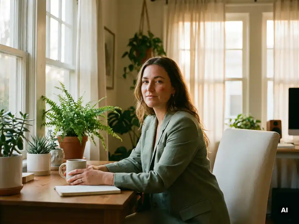 Professional aan licht bureau met kamerplanten, koffie en natuurlijk daglicht in moderne werkruimte met warme groene tinten.