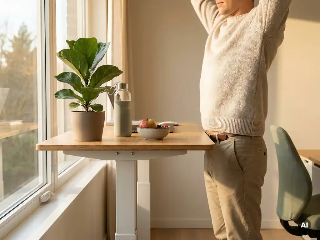 Professional strekt zich uit aan een staand bureau met waterles en fruit, omringd door planten in warm natuurlijk licht.