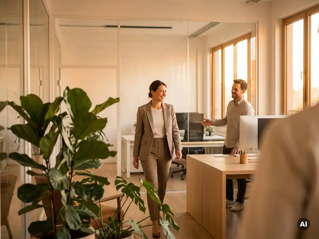 Professional loopt zelfverzekerd door modern kantoor met glazen wanden, collega wacht bij bureau, groene plant op voorgrond.