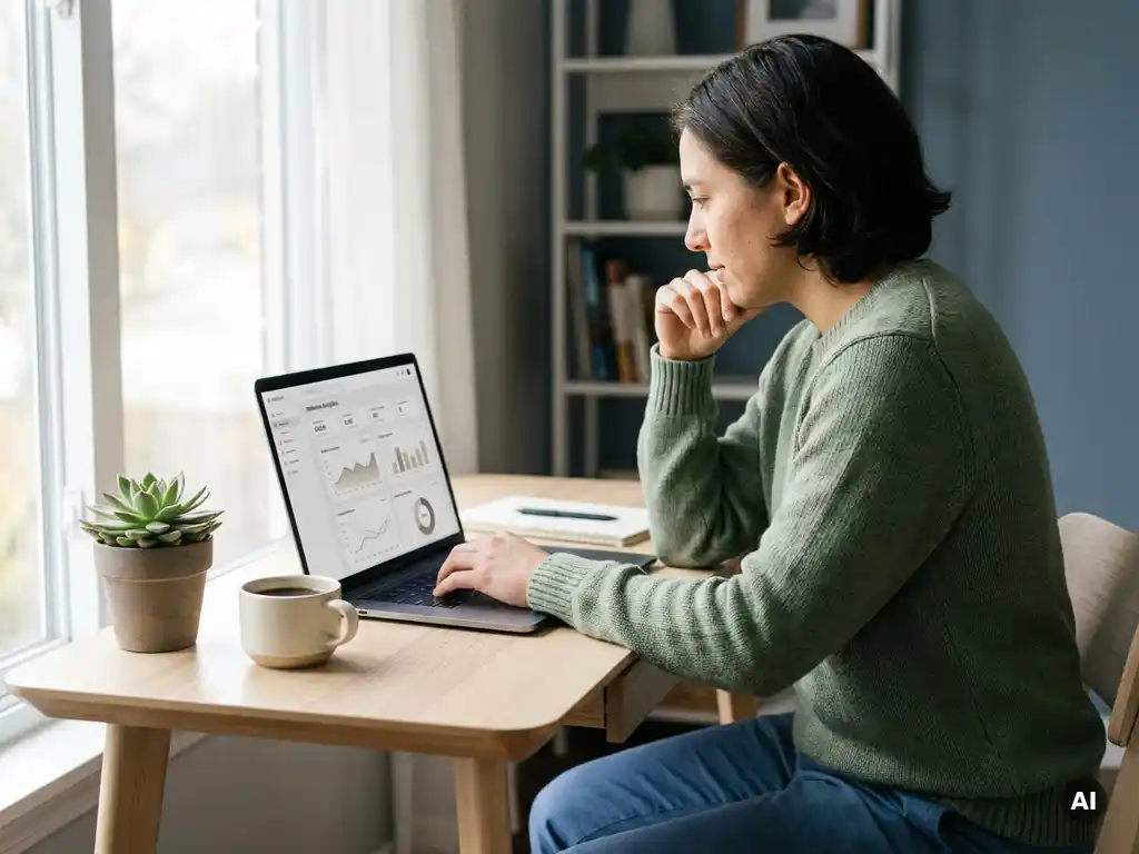 Professional bekijkt welzijnsdashboard op laptop aan modern bureau met succulent en koffiemok, zacht natuurlijk licht.
