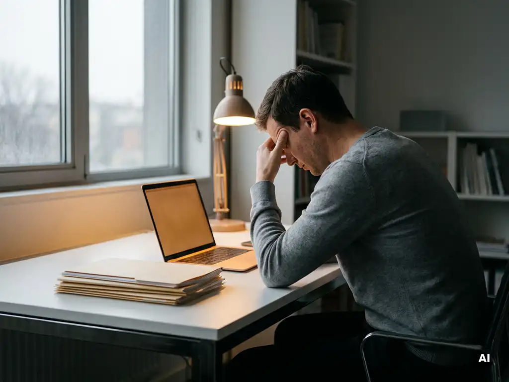 Kantoormedewerker slungelig aan wit bureau, hand tegen slaap gedrukt, omringd door mappen en laptop, zacht daglicht.